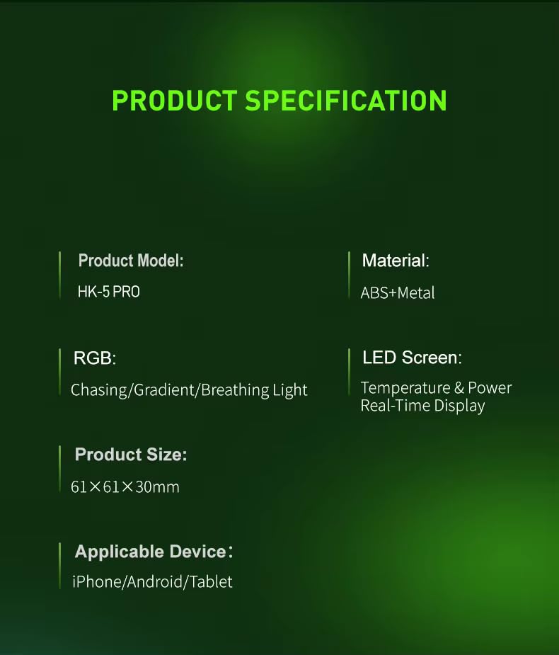 HK-5 Pro Magnetic/Detachable Grip Smartphone Cooler Fun For Gaming, Cell Phone Cooler For Ios/Android Semiconductor Heatsink Cooling Fan