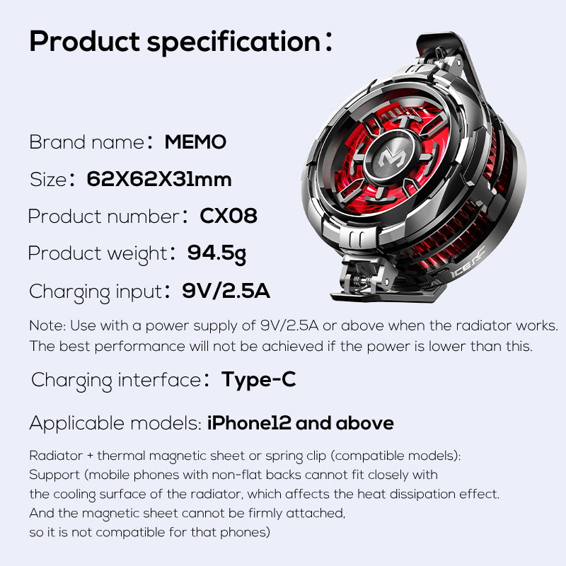 🎮 MEMO CX08 Magnetic 2-in-1 Mobile Cooler ❄️ Universal Semiconductor Cooling Fan for iOS & Android PUBG Gaming 🚀